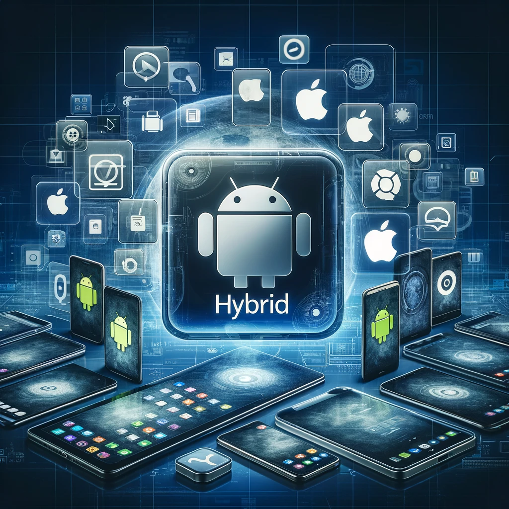 Here is an image that illustrates the concept of hybrid mobile applications, compatible with both Android and iOS platforms. It features a range of smartphones and tablets, some displaying the Android interface and others the iOS interface, centered around a large, translucent app icon representing a hybrid app. The background is digital and futuristic, highlighting the advanced technology of hybrid apps.