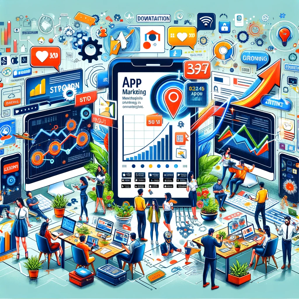 Here is an image that illustrates the process of marketing an app to enhance its visibility and rankings in app stores. It shows a marketing team in action, surrounded by digital screens and devices displaying promotional strategies and increasing app metrics.