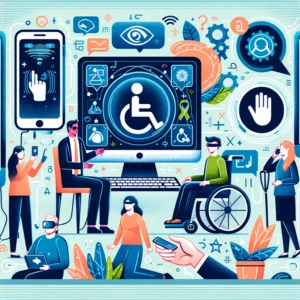 Here is an image that visually represents the theme of accessibility in technology, showcasing a variety of individuals with different abilities using accessible technology. The scene emphasizes inclusivity and the importance of designing technology that accommodates everyone's needs.