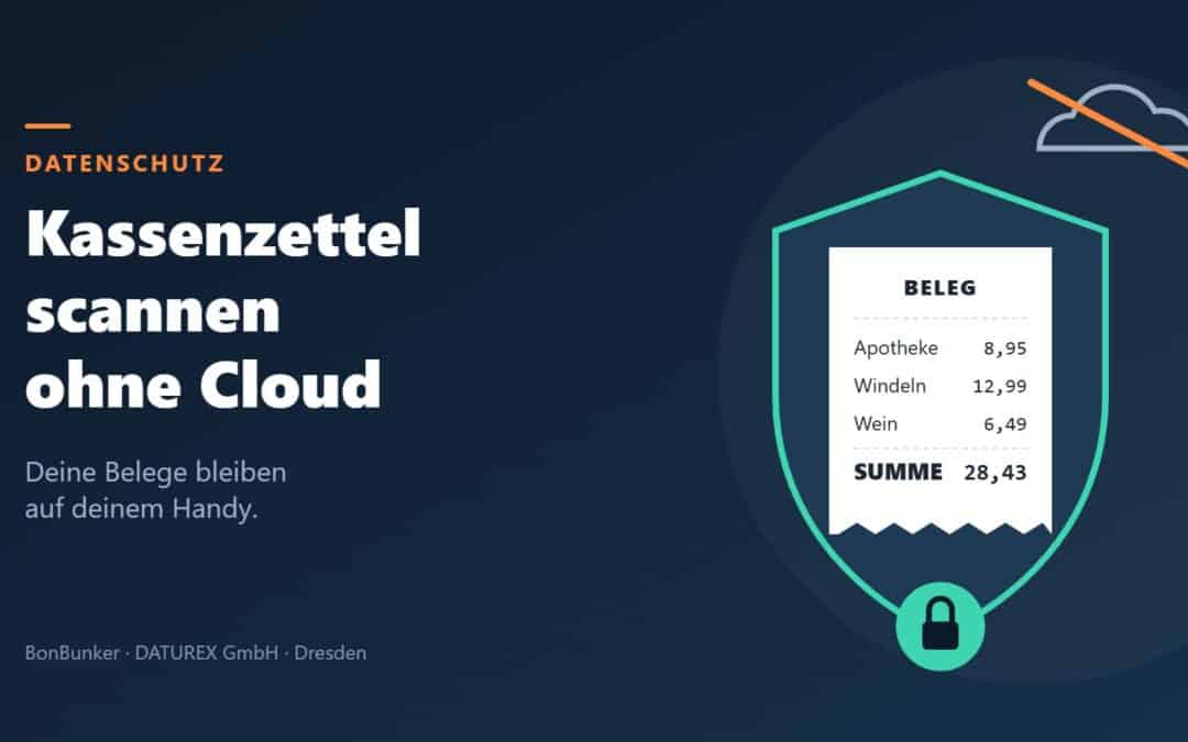 Beitragsbild: Kassenbon in einem Schutzschild mit Schloss, darüber eine durchgestrichene Cloud